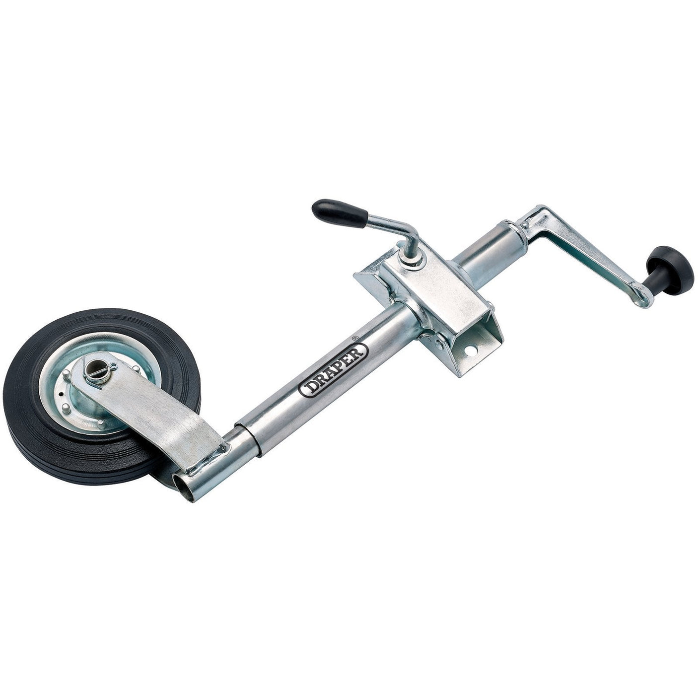 The Draper Jockey Wheel, 35mm - TT130 is a silver heavy-duty wheel with a handle and mounting bracket, perfect for use as a trailer support.