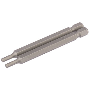 Two Draper Hexagonal Insert Bits, 3mm in size, with a 1/4" hex and a length of 75mm, made from hardened tempered chrome vanadium steel, featuring hexagonal shanks and slotted tips, aligned parallel to each other against a plain white background.