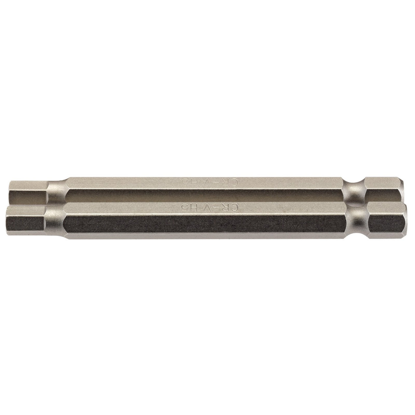 The Draper Hexagonal Insert Bit, 5mm, 1/4" Hex, 75mm Long (Pack of 2) - 75HX/2/B features a double-ended design and is made of chrome vanadium steel with a hexagonal shape on each end.