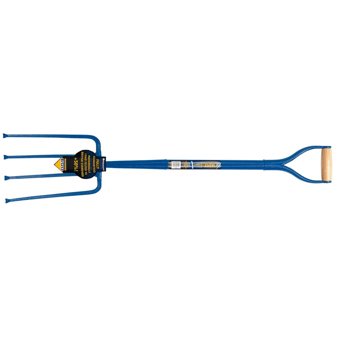 The Draper Expert All Steel Contractors Fork - ASF is a blue gardening fork featuring a wooden handle and solid forged square prongs. It has four durable prongs and a black label attached to the neck.