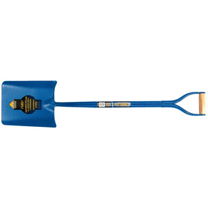 The Draper Expert All Steel Contractors Taper Mouth Shovel - ASS-TM, branded by Draper, features a long handle and a wide, rectangular blade with a blue powder-coated finish. Its all-steel tubular shaft, D-shaped handle grip, and heavy-duty construction are complemented by a yellow and black label on the blade.