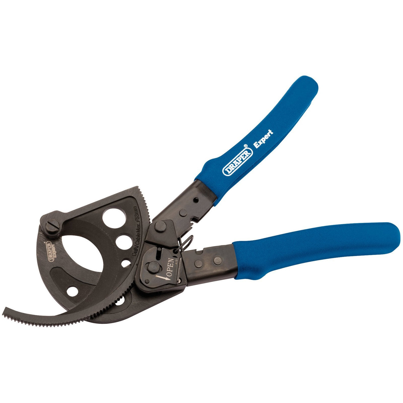 The Draper Ratchet Action Cable Cutter, 280mm - RCC features black forged tool steel jaws and blue ergonomic, heavy-duty handles.