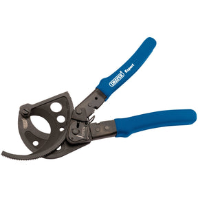 The Draper Ratchet Action Cable Cutter, 280mm - RCC features black forged tool steel jaws and blue ergonomic, heavy-duty handles.