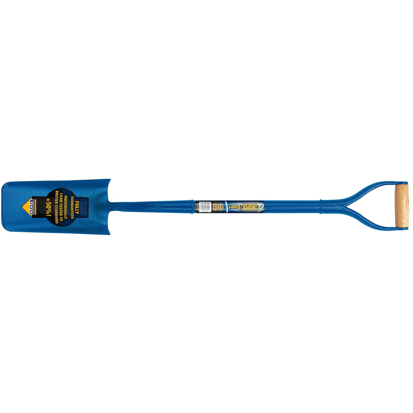 The Draper Expert All Steel Contractors Cable Laying Shovel - ASS-CL is a robust, long-handled blue trenching tool, designed with a flattened, narrow blade and a D-shaped wooden grip. Its durability is further bolstered by an all-steel tubular shaft.