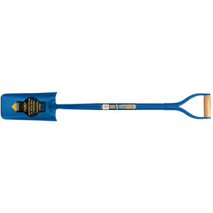 The Draper Expert All Steel Contractors Cable Laying Shovel - ASS-CL is a robust, long-handled blue trenching tool, designed with a flattened, narrow blade and a D-shaped wooden grip. Its durability is further bolstered by an all-steel tubular shaft.