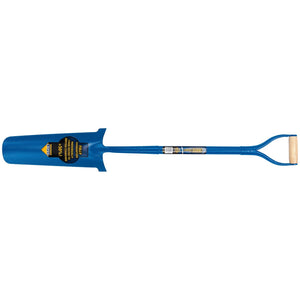 The Draper Expert All Steel Contractors Drainage Shovel - ASNDS, by Draper, is a blue shovel with a long handle and a D-shaped grip. It features a heavy-duty design and benefits from a steel tubular shaft for added strength. With corrosion protection to ensure durability, this shovel is ideal for digging narrow holes in the ground.