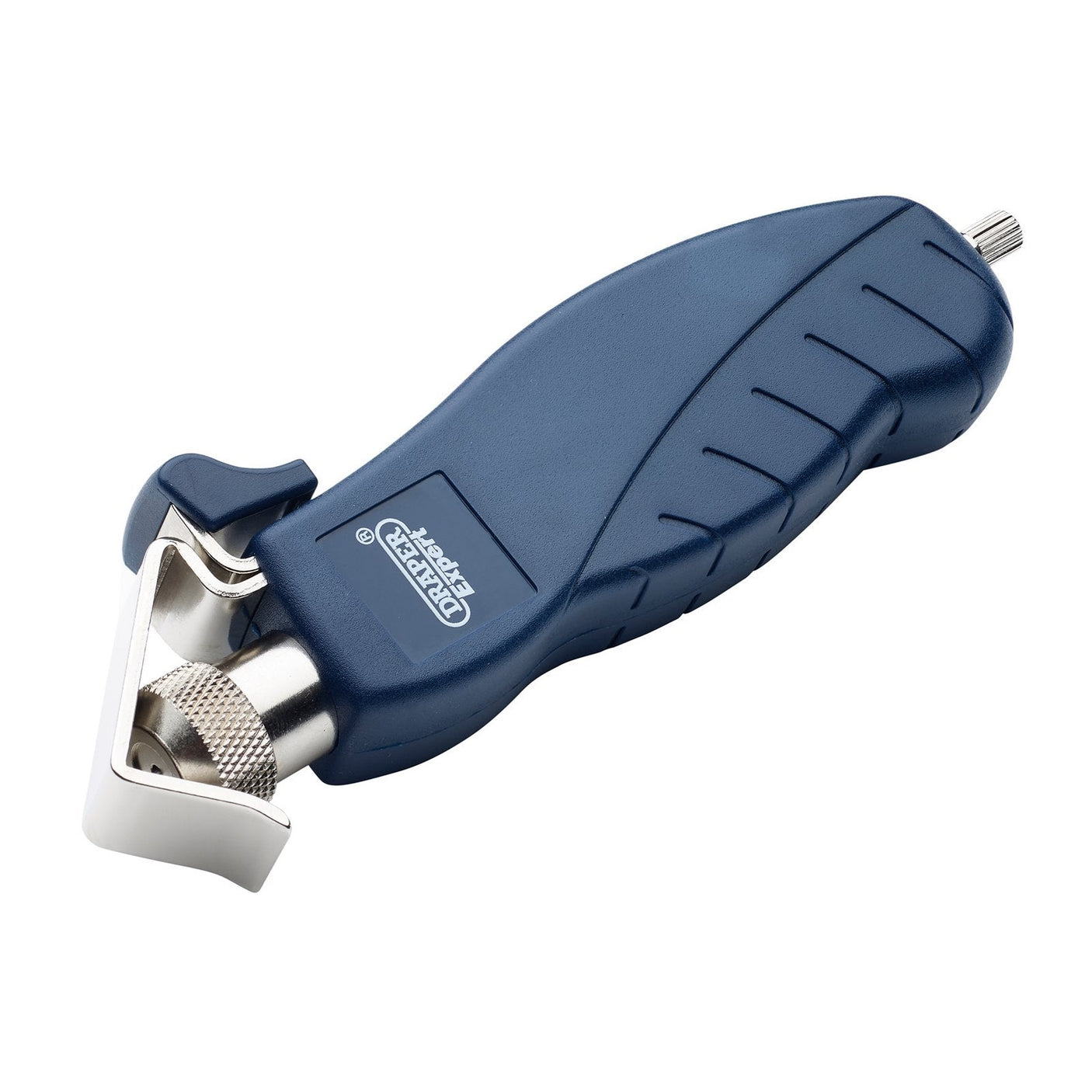 A Draper Cable Sheath Stripper - CSS with a blue handle, featuring a self-locking metal cutting mechanism.