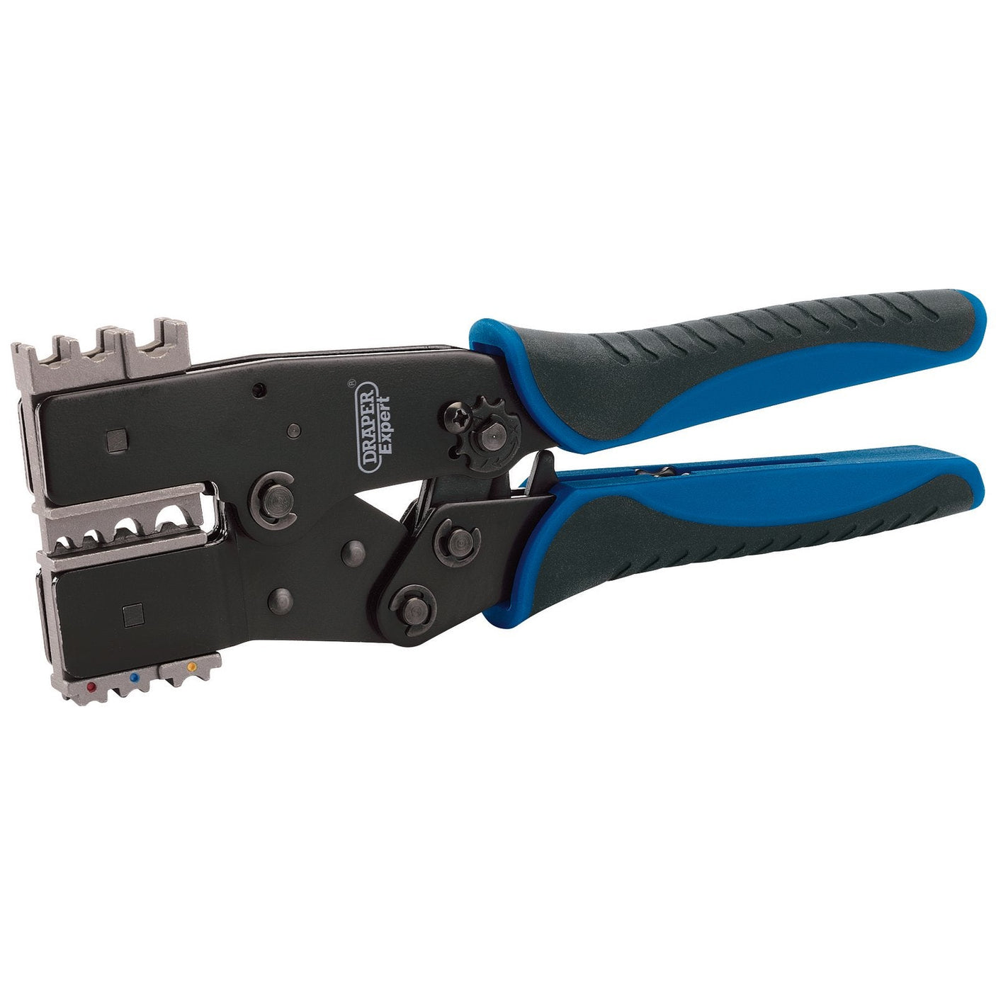 The Draper Quick Change Ratchet Action Crimping Tool, 220mm - QCCTS, features adjustable settings, ergonomic handles, and durable carbon steel construction in a sleek black and blue design.