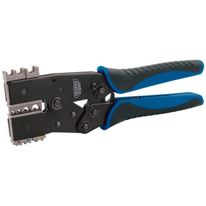 The Draper Quick Change Ratchet Action Crimping Tool, 220mm - QCCTS, features adjustable settings, ergonomic handles, and durable carbon steel construction in a sleek black and blue design.