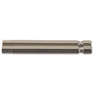 The Draper Hexagonal Insert Bit, 6mm, 1/4" hex, and 75mm long (Pack of 2) - model 75HX/2/B is a cylindrical metal bit with a textured surface. It's crafted from chrome vanadium steel and features a shot blast finish for added durability, making it ideal for use with screwdrivers or drills.