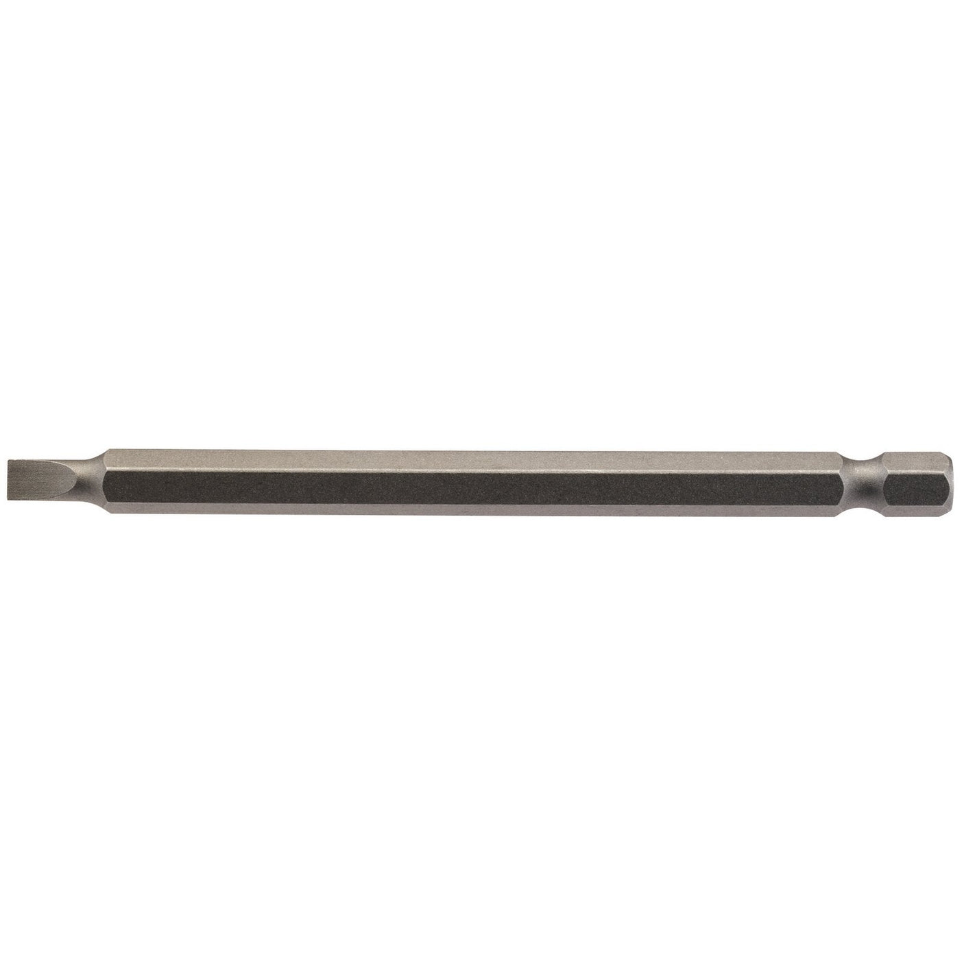 The Draper Plain Slot Insert Bit, 4.5mm with a 1/4" hexagonal shaft and 100mm in length, is a metallic screwdriver bit made of chrome vanadium steel with a shot blasted finish, designed for use with power tools.