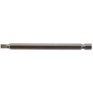 The Draper Plain Slot Insert Bit, 4.5mm with a 1/4" hexagonal shaft and 100mm in length, is a metallic screwdriver bit made of chrome vanadium steel with a shot blasted finish, designed for use with power tools.