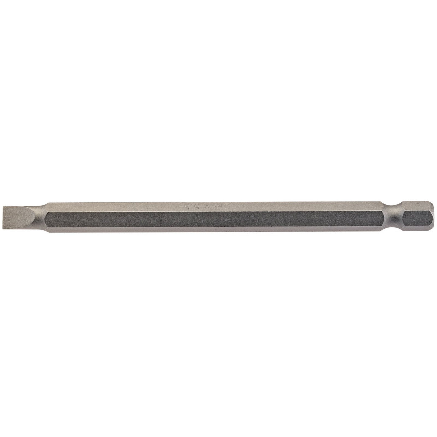 The Draper Plain Slot Insert Bit, measuring 5.5mm with a 1/4" hex and 100mm in length, is a long, silver-colored hexagonal screwdriver bit featuring a flat tip. It is crafted from durable chrome vanadium steel with a shot blasted finish, designed for easy attachment to screwdrivers or drills.