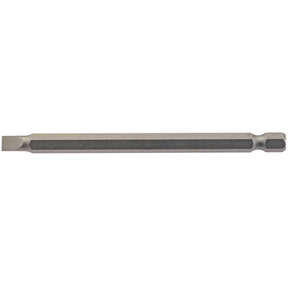 The Draper Plain Slot Insert Bit, measuring 5.5mm with a 1/4" hex and 100mm in length, is a long, silver-colored hexagonal screwdriver bit featuring a flat tip. It is crafted from durable chrome vanadium steel with a shot blasted finish, designed for easy attachment to screwdrivers or drills.