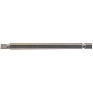 The Draper Plain Slot Insert Bit, measuring 5.5mm with a 1/4" hex and 100mm in length, is a long, silver-colored hexagonal screwdriver bit featuring a flat tip. It is crafted from durable chrome vanadium steel with a shot blasted finish, designed for easy attachment to screwdrivers or drills.