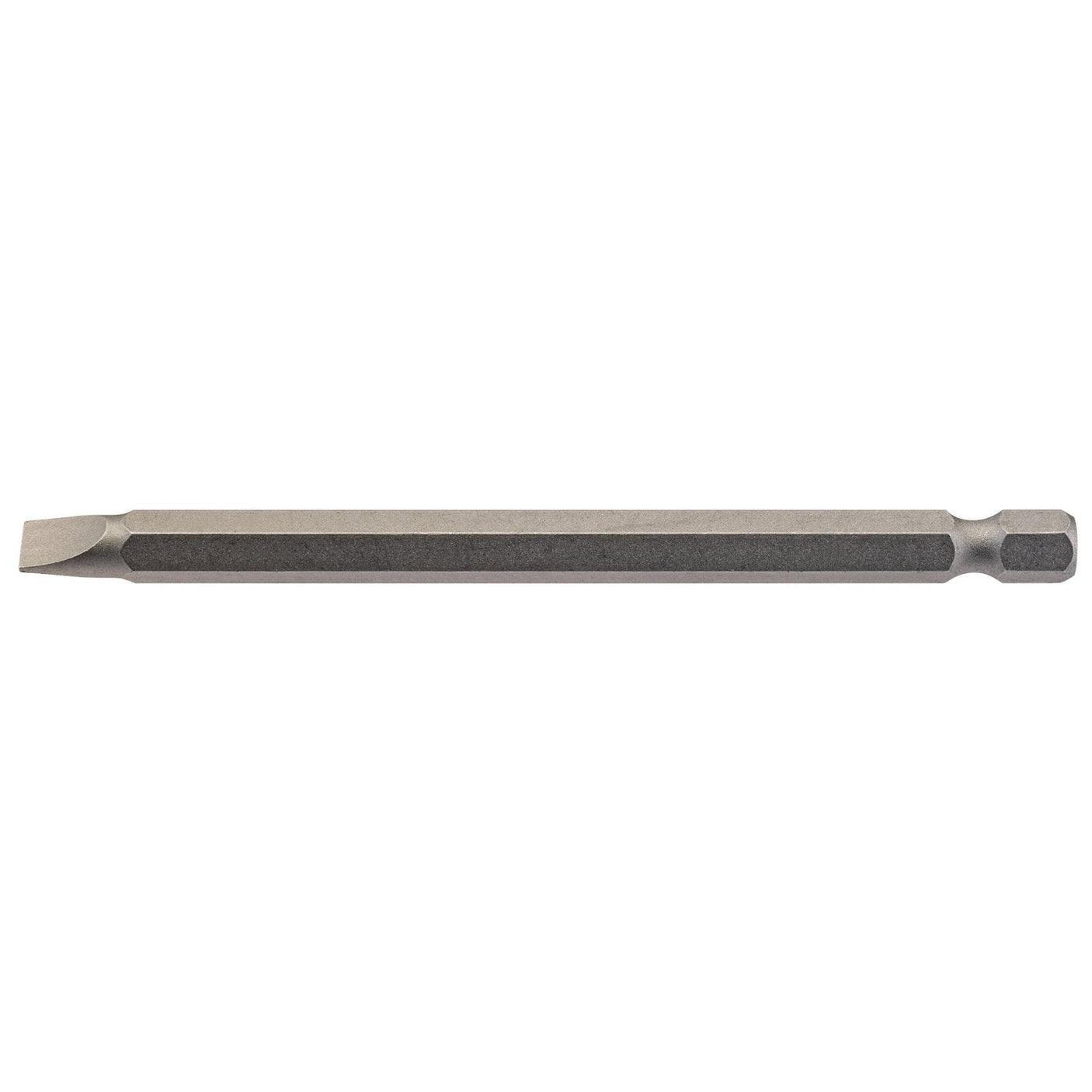 A Draper Plain Slot Insert Bit, 6mm, with a 1/4" hex shank and 100mm length, crafted from tempered chrome vanadium steel with a shot blasted finish, shown against a white background.