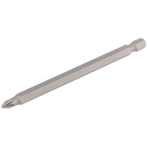 The Draper Pz Type Insert Bit, a single 1/4" hex shank Phillips screwdriver bit No.1, made from durable chrome vanadium steel, features a long 100mm silver-colored shaft and is displayed against a white background.