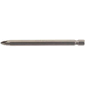 The Draper Pz Type Insert Bit, 1/4" Hex, 100mm Long, No.2 (Pack of 1) - 100PZ/1/B is a durable chrome vanadium steel bit featuring a cross-shaped tip and a hexagonal base. Designed for use with power drills or manual screwdrivers, it is ideal for Pozidriv fixing systems requiring extra strength and precision.