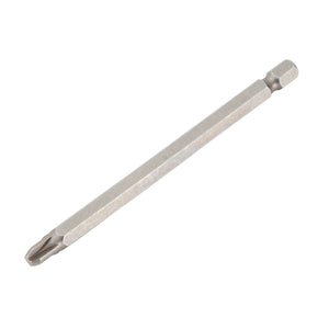 The Draper Pz Type Insert Bit, No.3, is a 100mm long screwdriver bit with a durable chrome vanadium steel construction. It boasts a silver finish, featuring a hexagonal base and a star-shaped tip, making it ideal for Pozidriv/Supadriv fixing systems.