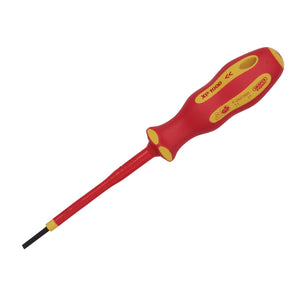 A Draper Xp1000® VDE Plain Slot Screwdriver, 2.5 x 75mm - 965, featuring a red and yellow insulated ergonomic handle and XP1000 insulation for enhanced safety.