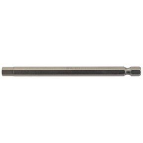 The Draper Hexagonal Insert Bit, measuring 6mm with a 1/4" hex base and a length of 100mm, features a long, slender shape ideal for attachment to a screwdriver handle. It's crafted from hardened tempered Chrome vanadium steel for superior durability.