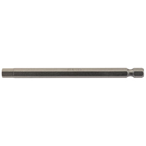 The Draper Hexagonal Insert Bit, measuring 6mm with a 1/4" hex base and a length of 100mm, features a long, slender shape ideal for attachment to a screwdriver handle. It's crafted from hardened tempered Chrome vanadium steel for superior durability.