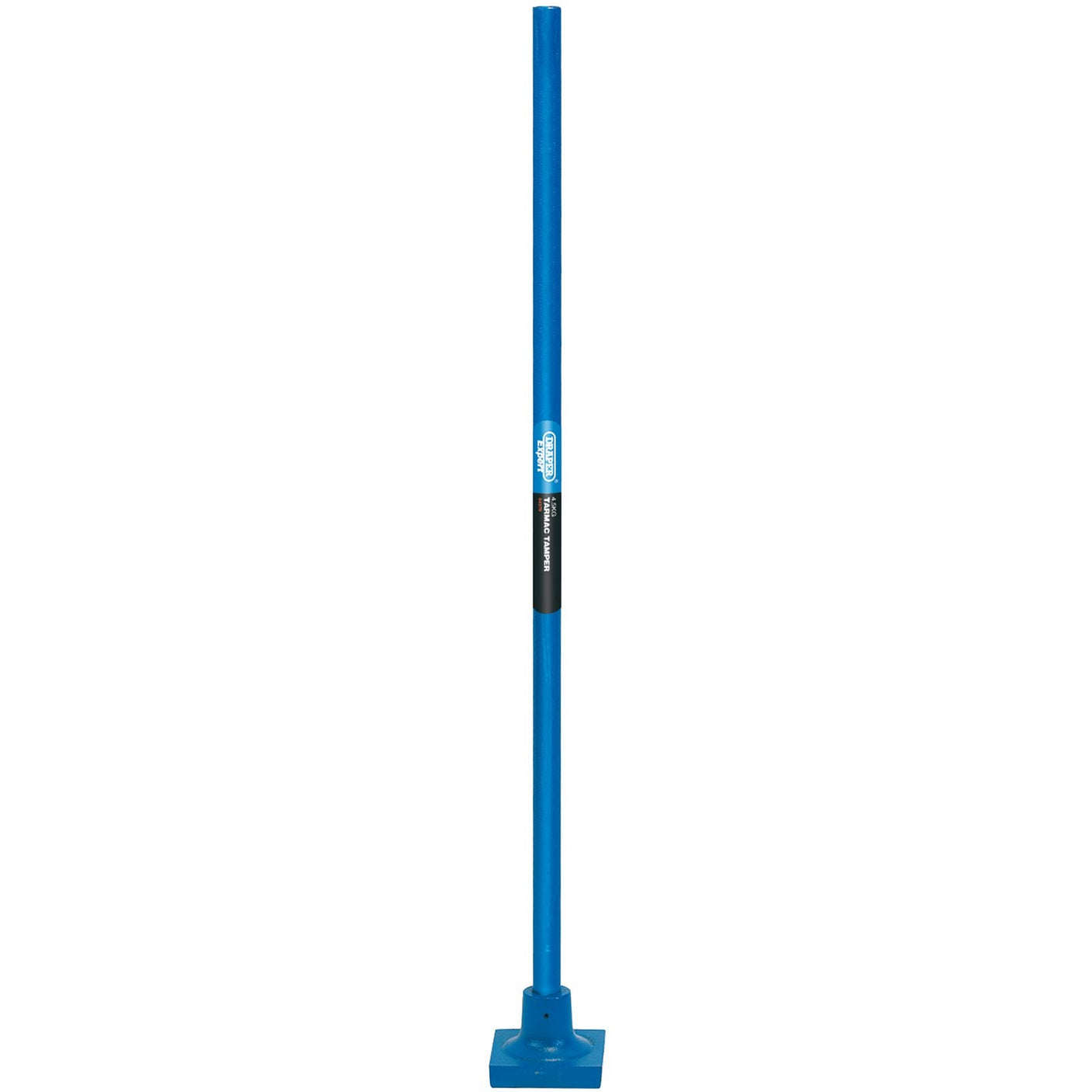 The Draper Expert Tarmac Tamper With Steel Shaft, weighing 4.5Kg, features a flat blade at the bottom for breaking up hard ground or soil. Its durable tubular steel handle and black grip in the middle ensure reliability for tough jobs, thanks to its expert quality craftsmanship.