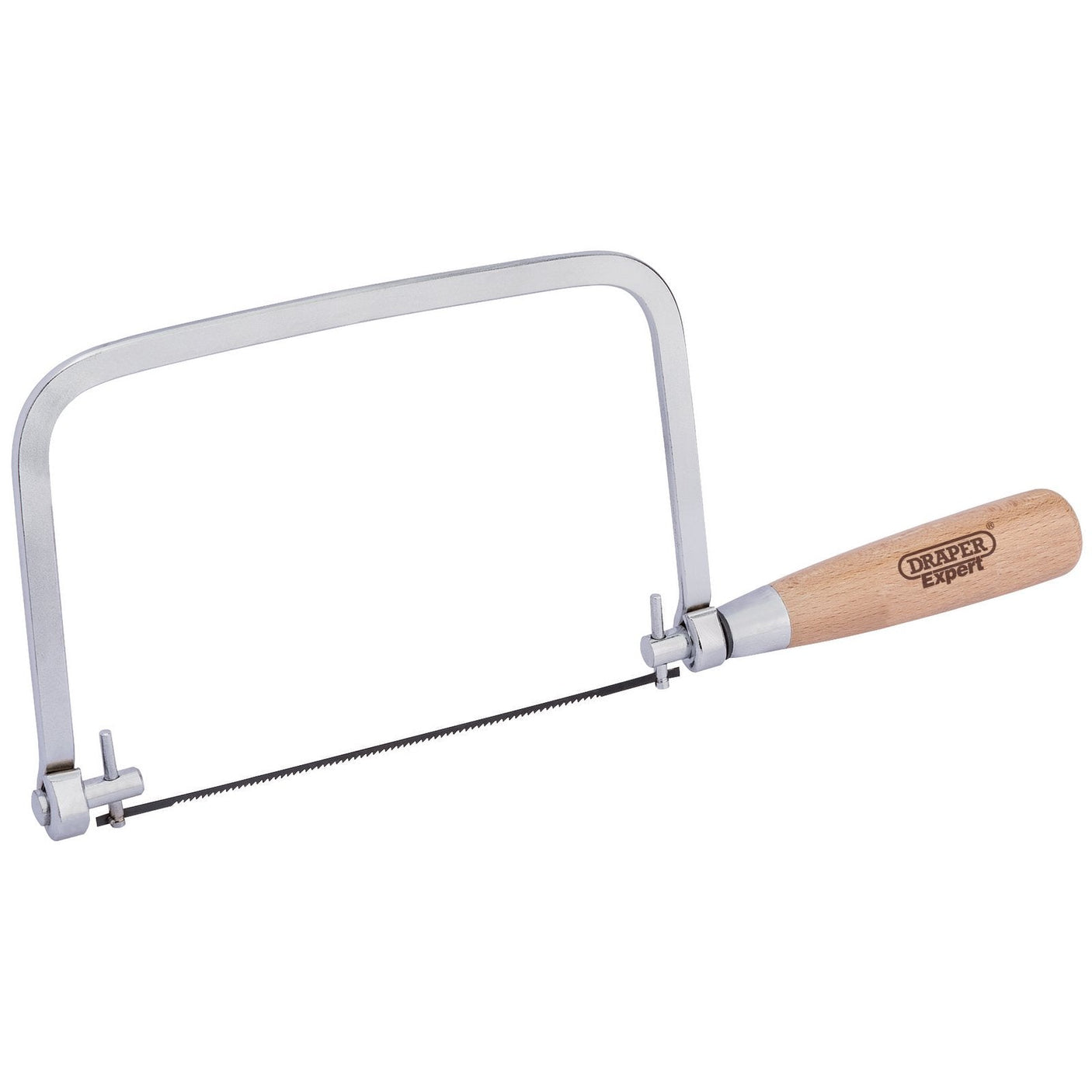 The Draper Coping Saw Frame And Blade - 8901 by Draper features a wooden tensioning handle, a thin replaceable blade, and a chrome-plated frame, making it ideal for intricate work.