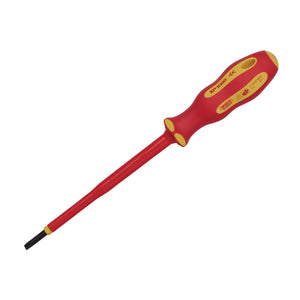 The Draper XP1000® VDE Plain Slot Screwdriver, 3.5 x 100mm - 965 features a red and yellow insulated shaft, an ergonomic soft grip handle, and the XP1000® dual-layer insulated sheath for added safety.