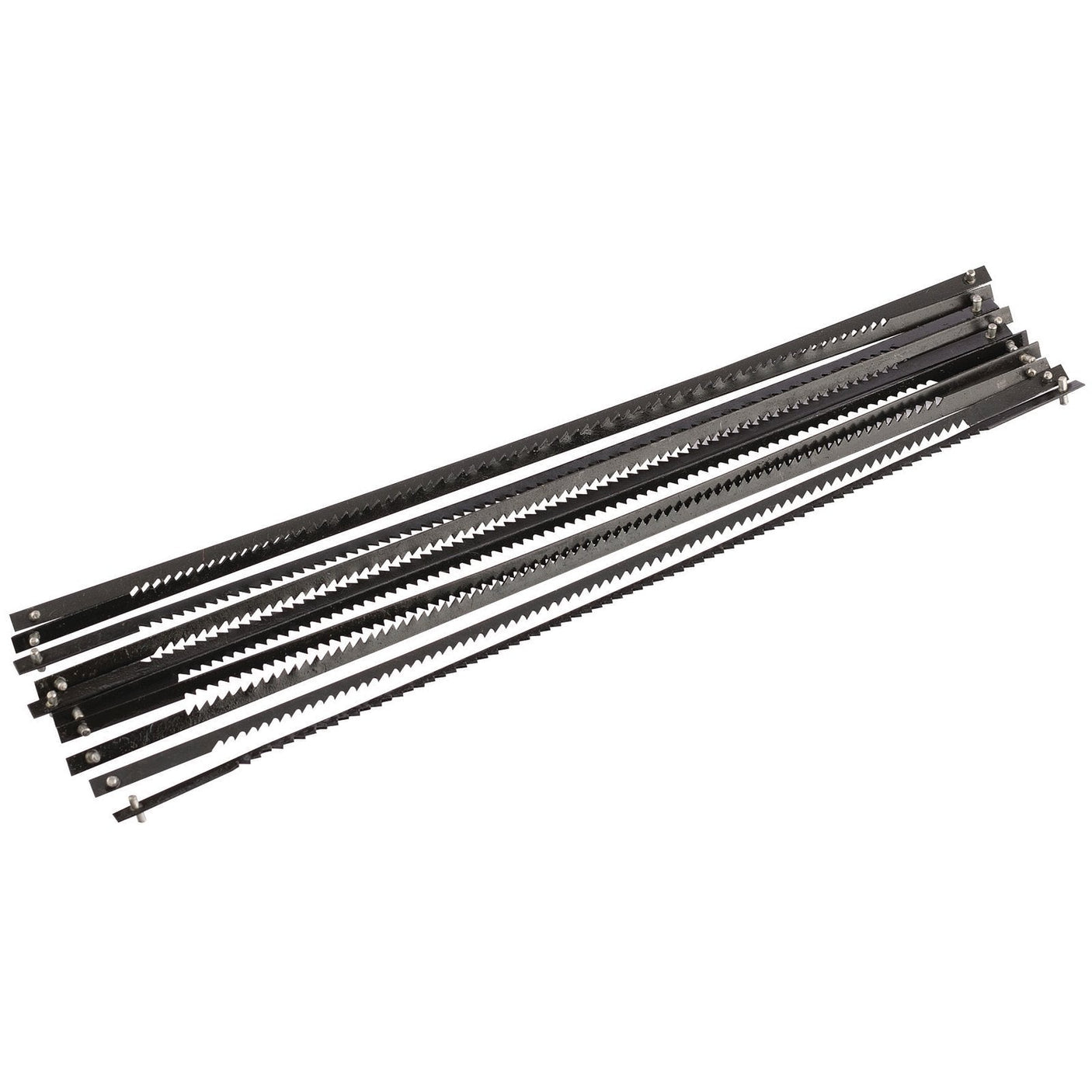 A pack of Draper coping saw blades for models 64408 and 18052, featuring serrated edges with a 15 TPI design. The display-packed set includes ten black blades of various sizes, arranged in a fan shape to showcase their versatility for different cutting tasks.