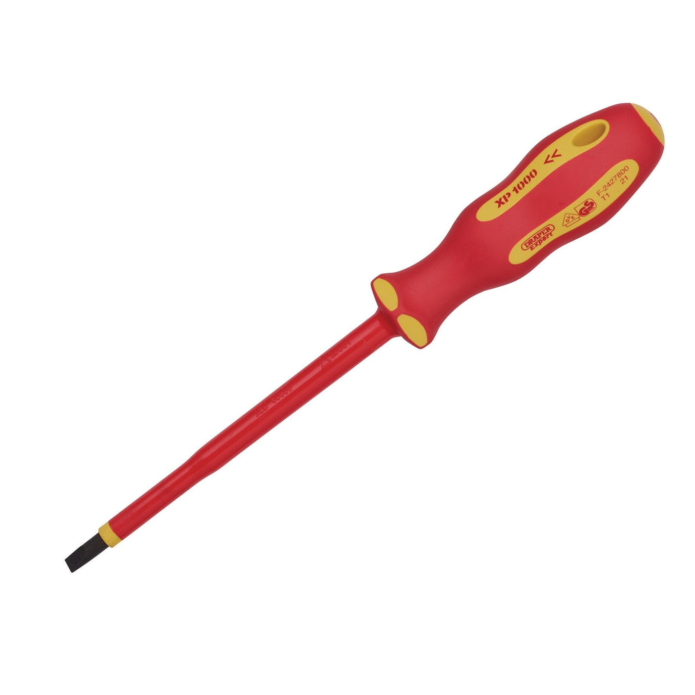 The Draper Xp1000® VDE Plain Slot Screwdriver, 5.5 x 125mm - 965, is a red-handled flat-head screwdriver with yellow accents. It features an insulated straight shaft and an XP1000 insulated sheath for use on live circuits.