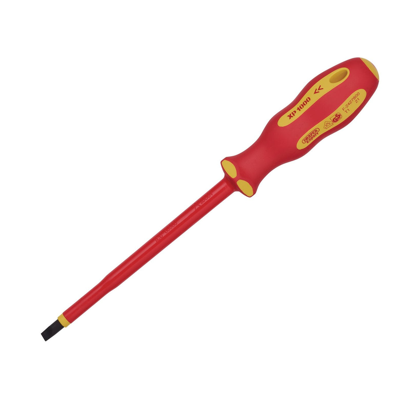 The Draper Xp1000® VDE Plain Slot Screwdriver, 6.5 x 150mm - 965 features a red and yellow handle, an insulated sheath, and a precision-machined tip, making it perfect for electrical work.