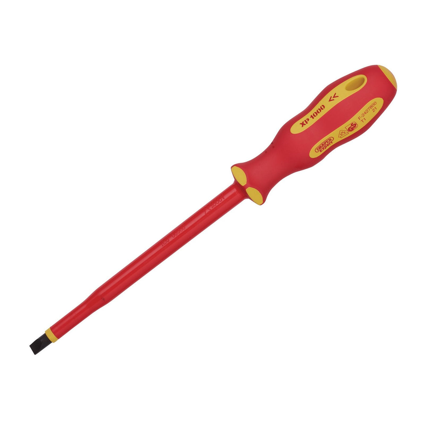 A Draper Xp1000® VDE Plain Slot Screwdriver, 8.0 x 175mm - 965, featuring a red and yellow insulated contoured handle and a dual-layer insulated sheath for added safety, tested up to 1000V for high-voltage protection.