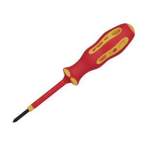 The Draper Xp1000® VDE Cross Slot Screwdriver, No. 0 x 60mm - 965CS features a red and yellow insulated handle with an ergonomic soft grip and various safety certifications and markings. Its black Phillips head tip, along with the dual-layer insulated sheath, ensures maximum protection.