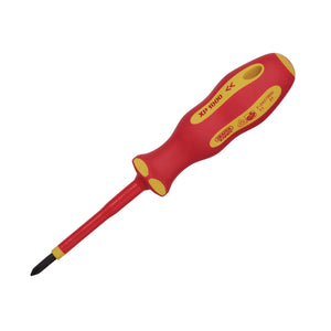 A Draper XP1000® VDE Cross Slot Screwdriver, No.1 X 80mm - 965CS featuring a red and yellow insulated sheath with safety markings, a flat head tip, and an ergonomic handle for comfortable electrical work.