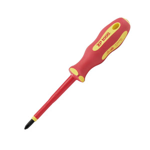 A Draper Xp1000® Vde Cross Slot Screwdriver, No.2 X 100mm - 965CS, features dual-layer insulated red and yellow sheath with "XP1000®" written on the handle and SVCM steel blades.