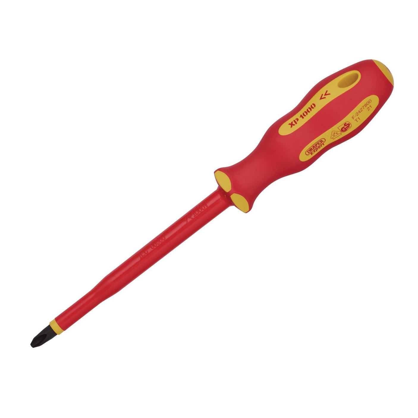 A Draper Xp1000® Vde Cross Slot Screwdriver, No.3 X 150mm - 965CS with a red and yellow ergonomic handle, featuring safety and voltage information on the handle.