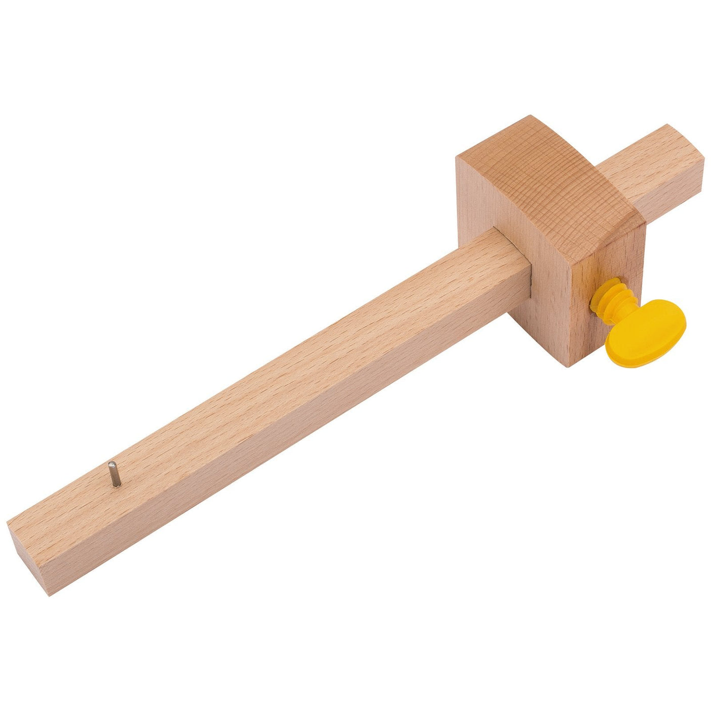 The Draper Carpenter's Marking Gauge - 44 by Draper features a beechwood construction with a yellow knob, metal pin, and plastic turn screw for precise line marking parallel to the edge of a workpiece.