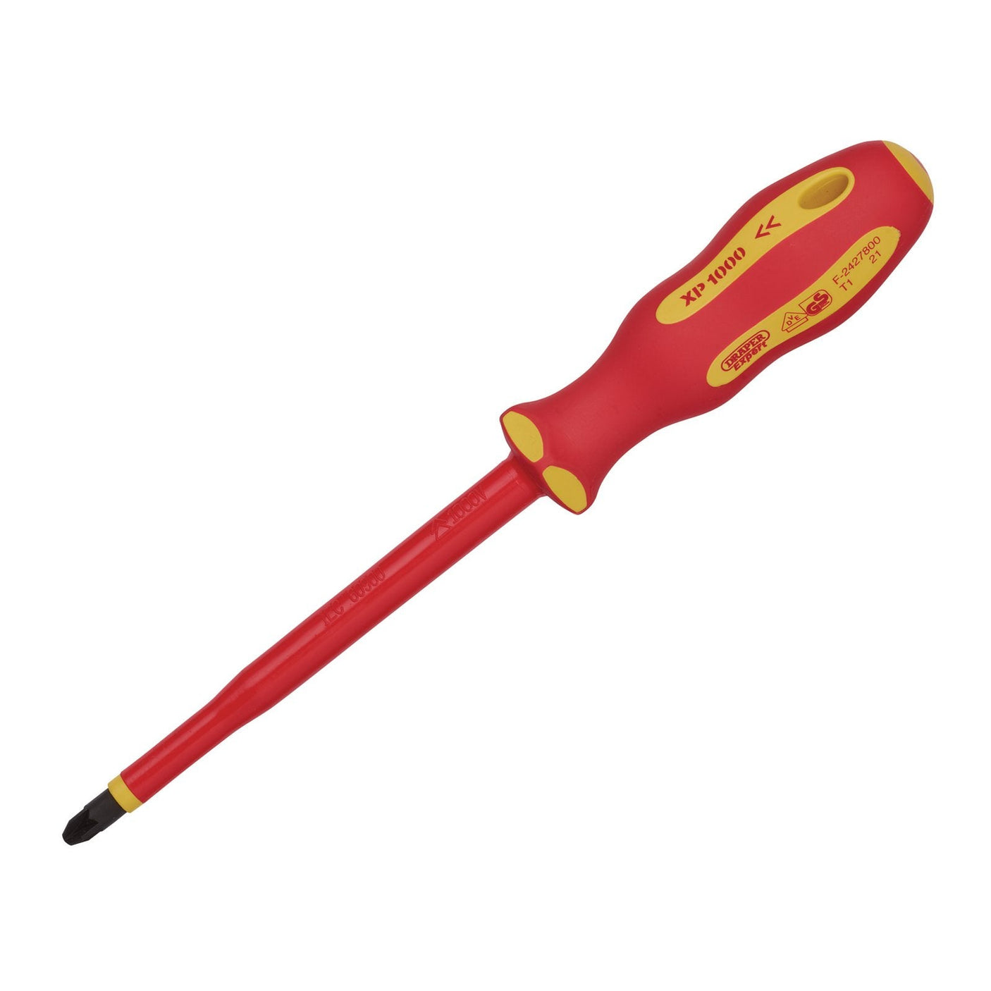 Draper Xp1000® Vde Pz Type Screwdriver, No.3 X 150mm - 965PZ, featuring a dual-layer insulated sheath rated for 10,000V, with a red and yellow design, Phillips head, and plastic handle by Draper.