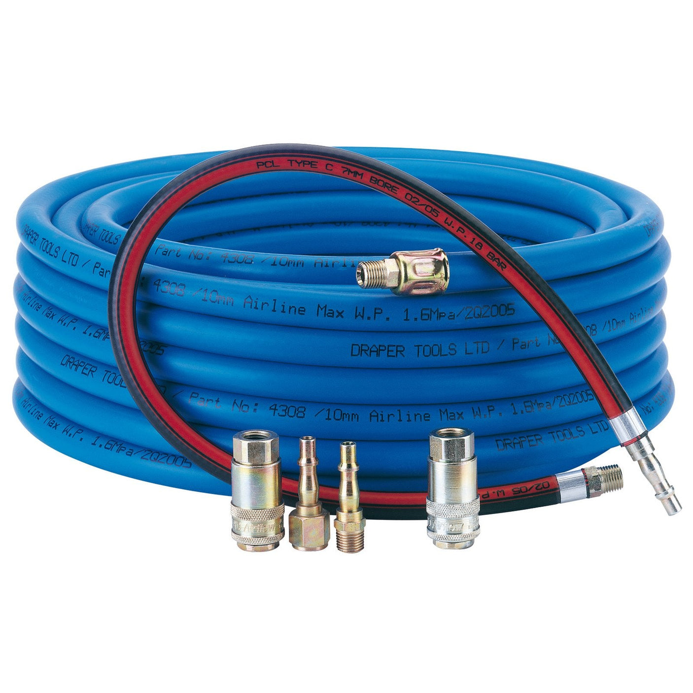 Blue coiled high pressure PVC hose with several brass and silver connectors placed in front, ideal for an air tool connection kit. Use the Draper Heavy Duty Air Connector Kit, 3/8" - CONNECT KIT HD for optimal performance.