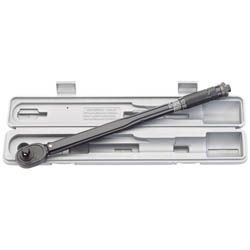 The Draper Ratchet Torque Wrench (1/2" Sq. Dr., 30 - 210Nm - 3001A/BK) with a reversible ratchet head is placed in an open plastic storage case with designated slots.