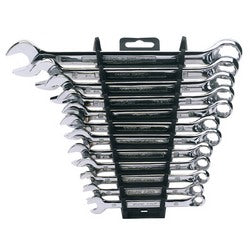 A set of twelve Draper Hi-Torq® Metric Combination Spanners, ranging from 8mm to 22mm, crafted for Expert Quality from chrome vanadium steel, and held in a black plastic holder for organization.