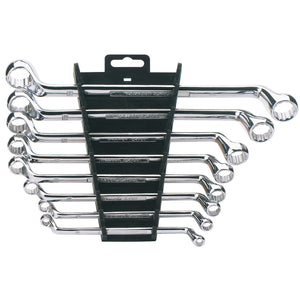 A set of eight Draper Hi-Torq® Deep Offset Metric Ring Spanners arranged in a black plastic holder, each spanner in increasing size from top to bottom. Expert Quality and designed with Draper Expert HI-TORQ® technology for exceptional performance.