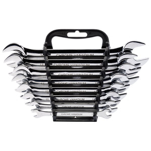 An eight-piece Draper metric double open-ended spanner set, model 5055/8/MM, featuring sizes from 8mm to 19mm and housed in a wall-mountable plastic rack, built to meet DIN3110 specifications.