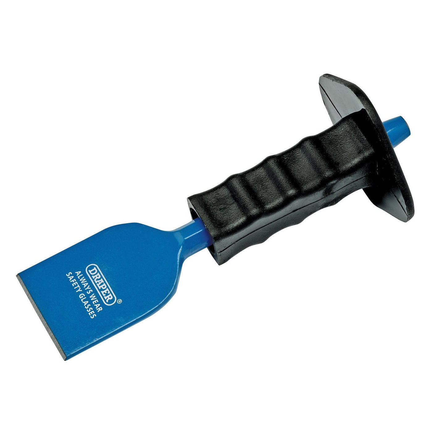 A Draper Electrician's Bolster With Hand Guard (225 x 60mm - BD8G/AP) featuring a blue and black rubber handle with an ergonomic grip, a safety shield near the top end, and an octagonal shank for added stability. Ideal for working on floorboards.