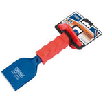 The Draper Brick Bolster With Hand Guard, 225 x 75mm - BD6G/AP, is a blue and red hand tool featuring a flat chisel head and an impact-absorbing grip, shown in its packaging.