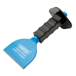 Introducing the Draper Brick Bolster With Guard, 100mm - BD6G/AP: Featuring an impact-absorbing black grip and a blue blade, this chisel is clearly labeled with "Draper" and a reminder to "Always Wear Safety Glasses." Ideal for working with composite blocks or bricks.