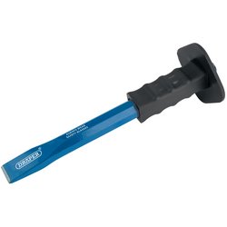 A blue and black Draper cold chisel with an impact absorbing grip and a flat square head, featuring an octagonal shank and hand guard, measuring 25 x 300mm.