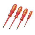 The Draper Xp1000® Vde Screwdriver Set (4 Piece) - 965/4 by Draper features four screwdrivers of varying sizes, each designed with ergonomic red handles, yellow accents, and a hole in the handle for hanging.