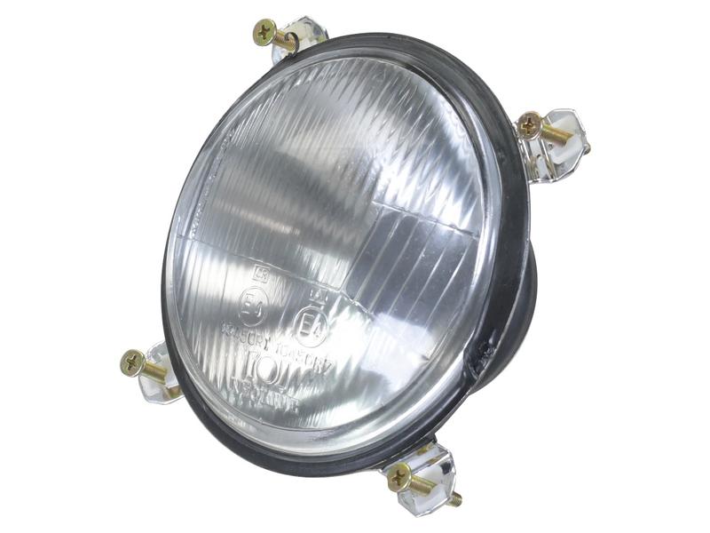 Close-up of a round, transparent vehicle headlight with a metallic rim, mounted with three screws. The Sparex Head Light (Halogen) LH, RH Dip (Sparex Part Number: S.64733) features a 12V Halogen Light Source that ensures bright illumination for safe driving.